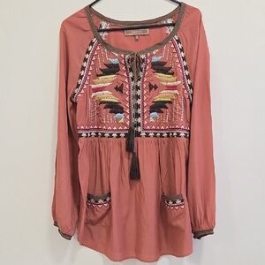 Double D Ranch Embroidered Blouse - Rust and Multicolor